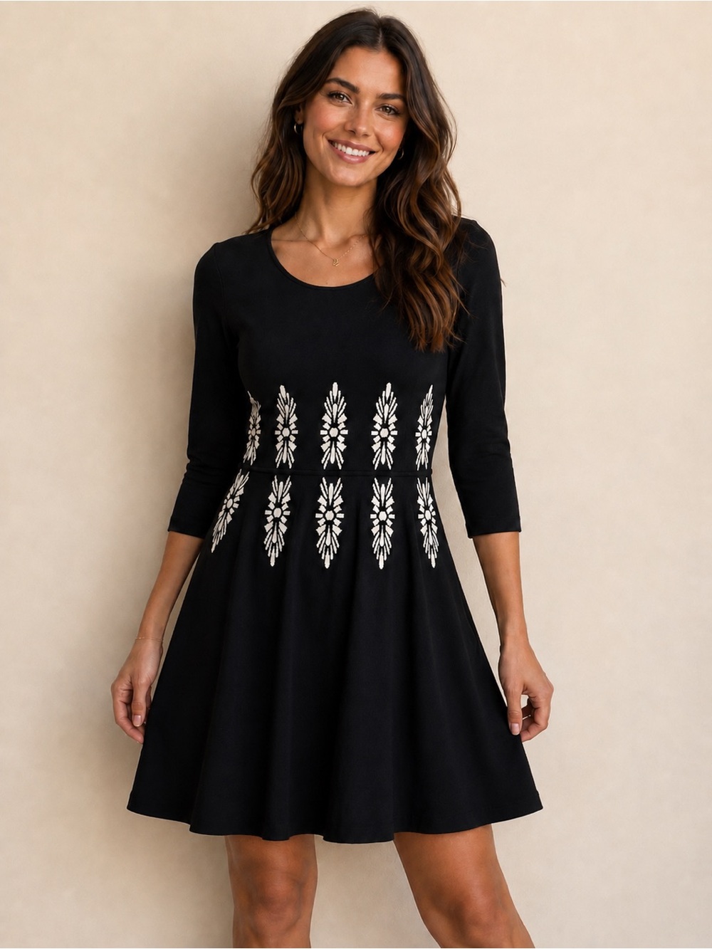 Eliza J Black Fit-and-Flare Dress with White Embroidery